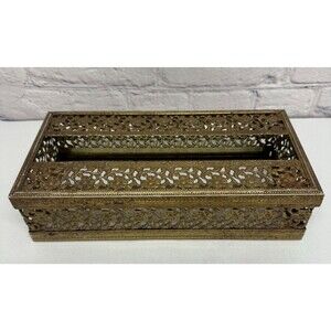 Vintage Gold Filigree Metal Tissue Box Holder Hollywood Regency Roses